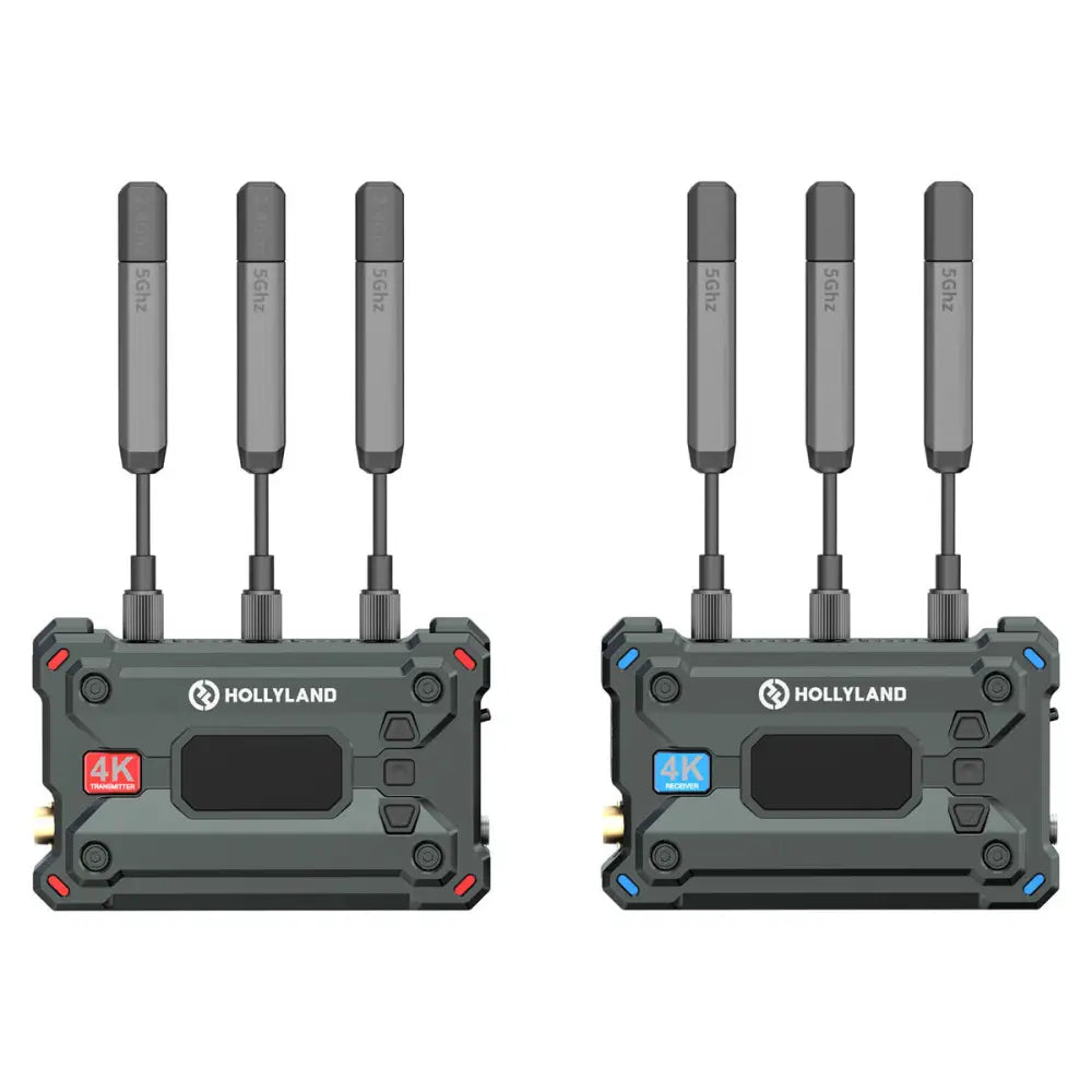 Two Hollyland wireless microphone transmitters on a white background