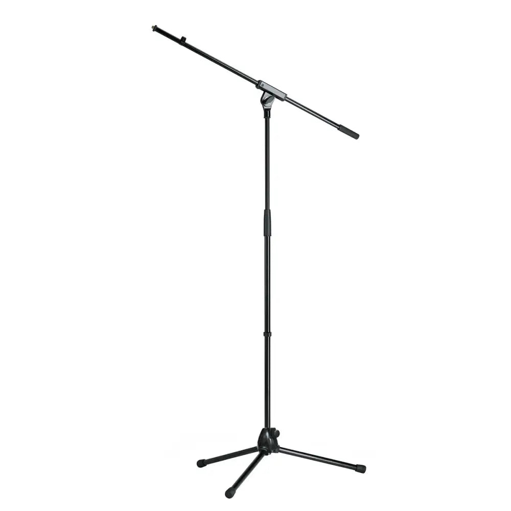 A black tripod microphone stand with an adjustable boom arm, made of steel and other metal components.