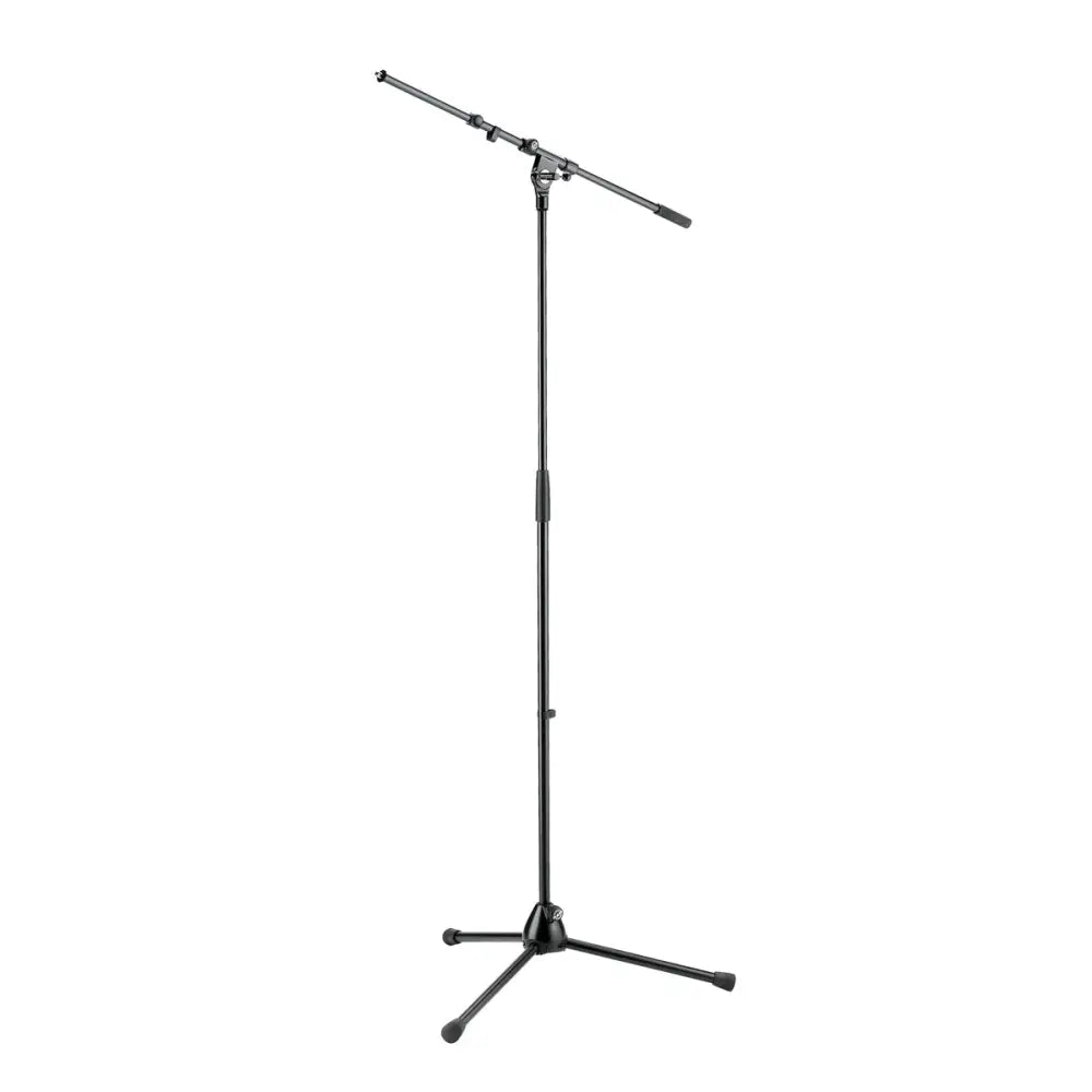 A black telescopic boom arm microphone stand with a folding base.