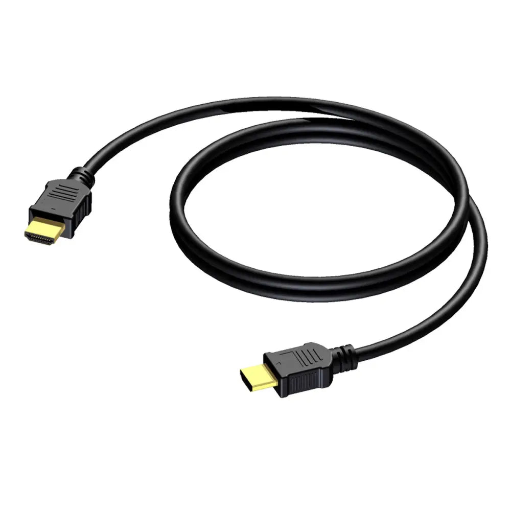 An HDMI cable with gold-plated connectors, black in color, displaying both HDMI male connectors over a white background.