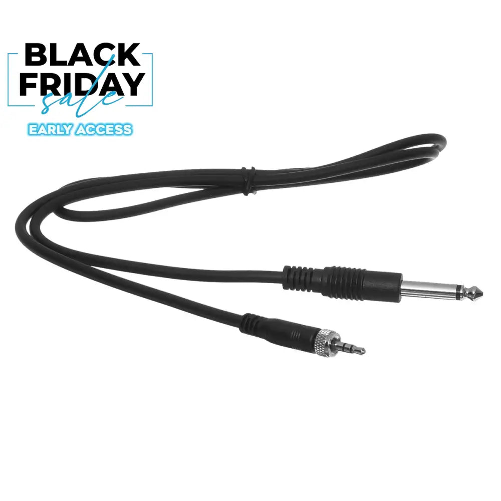 A black connecting cable for electric guitars or basses, featuring a 6.35 mm jack on one end and a 3.5 mm jack on the other.