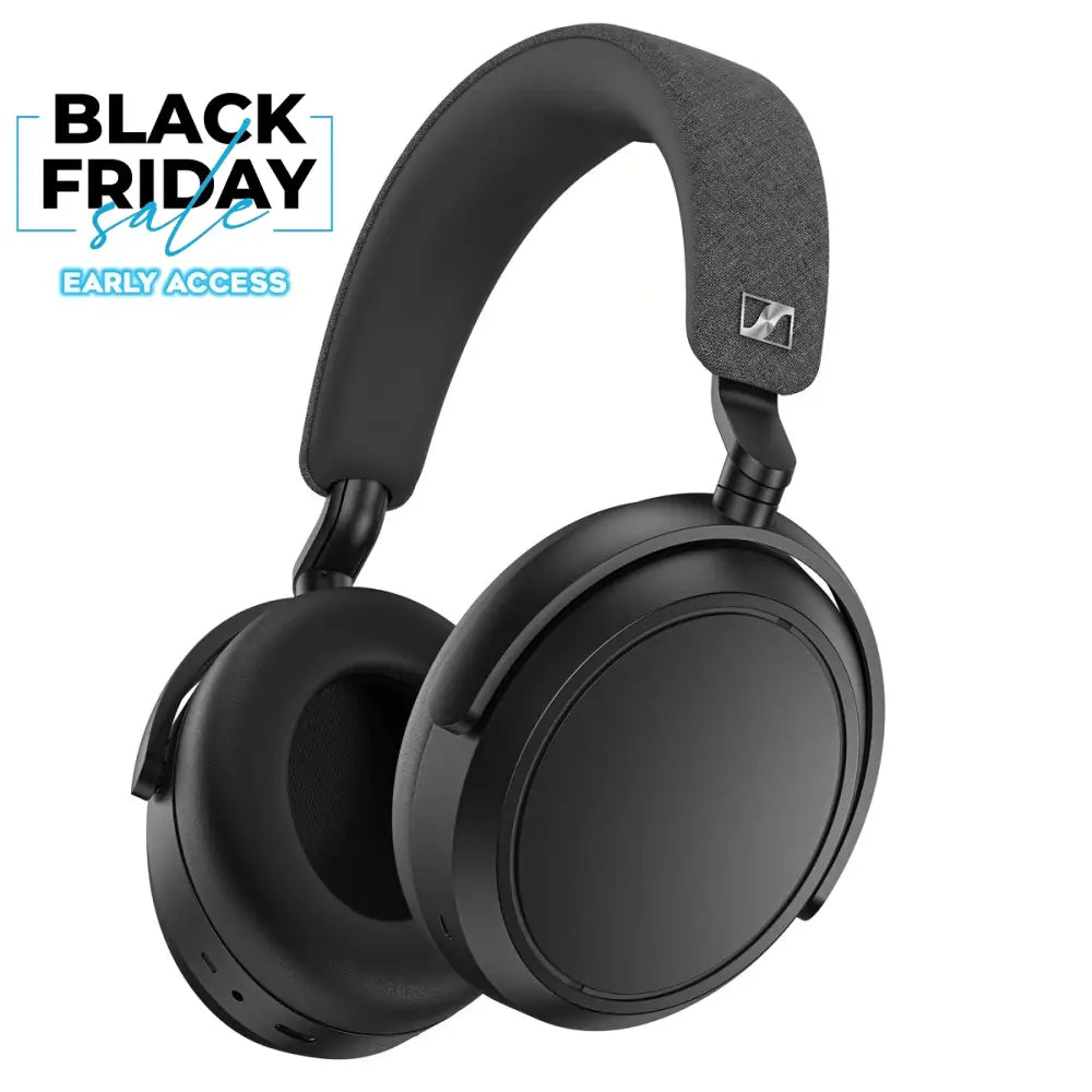 Sennheiser MOMENTUM 4 Noise-Cancelling Wireless Over-Ear Headphones in black color, displayed in an open position.