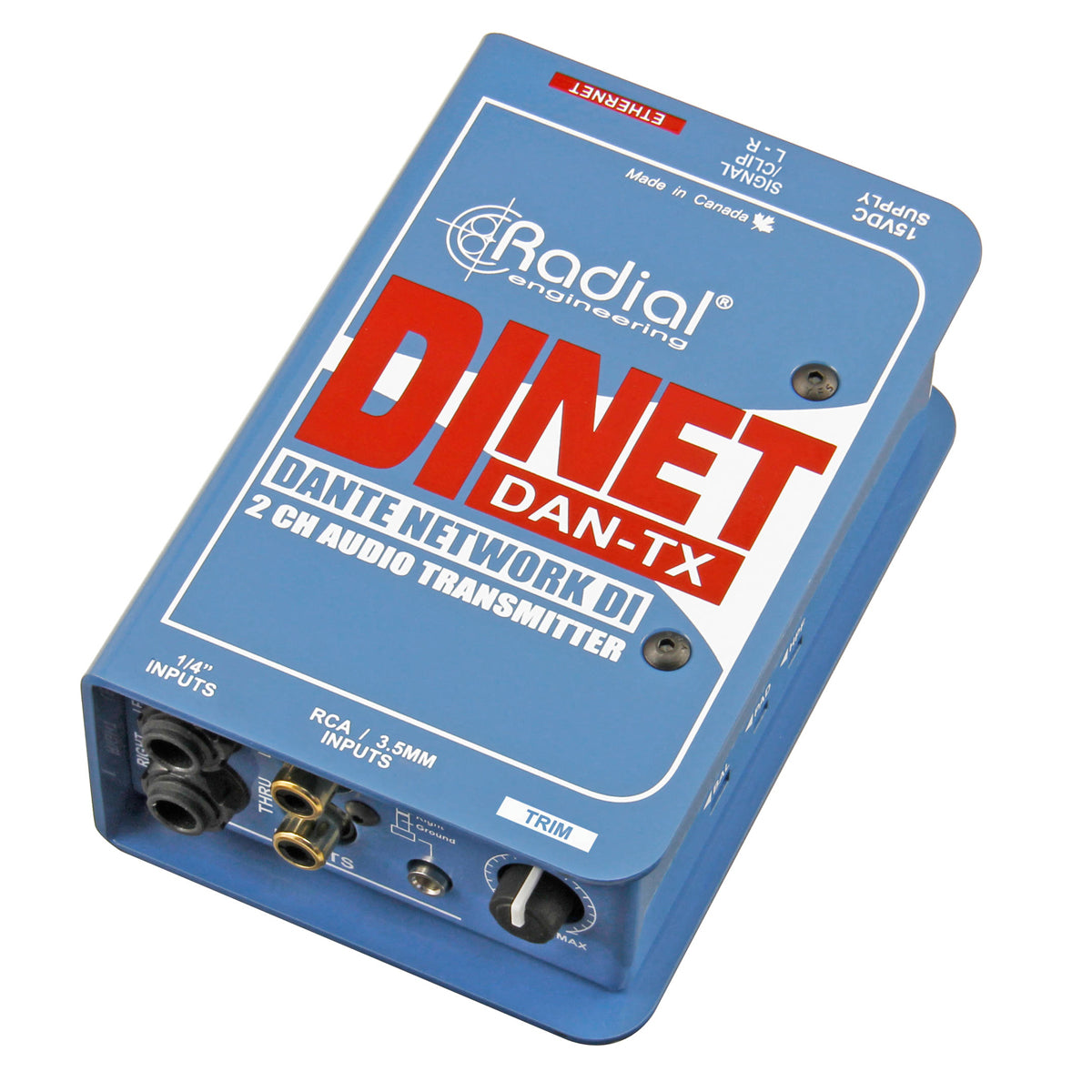 Radial Dinet Dan-TX Dante ethernet transmitter stereo DI inputs and digital out