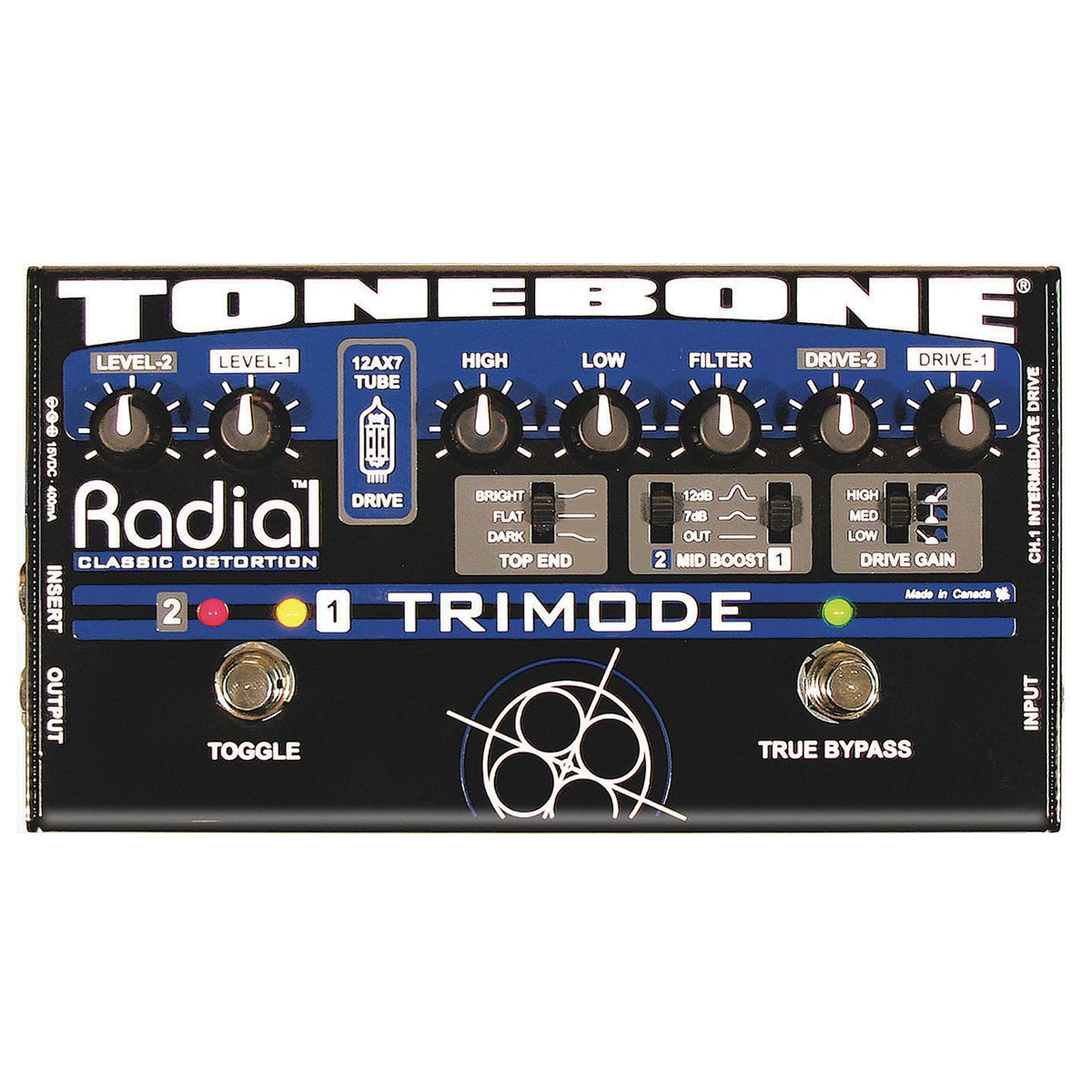 Radial Tonebone Trimode Tube distortion 12AX7 equipped clean-rhythm-lead modes. PSU included