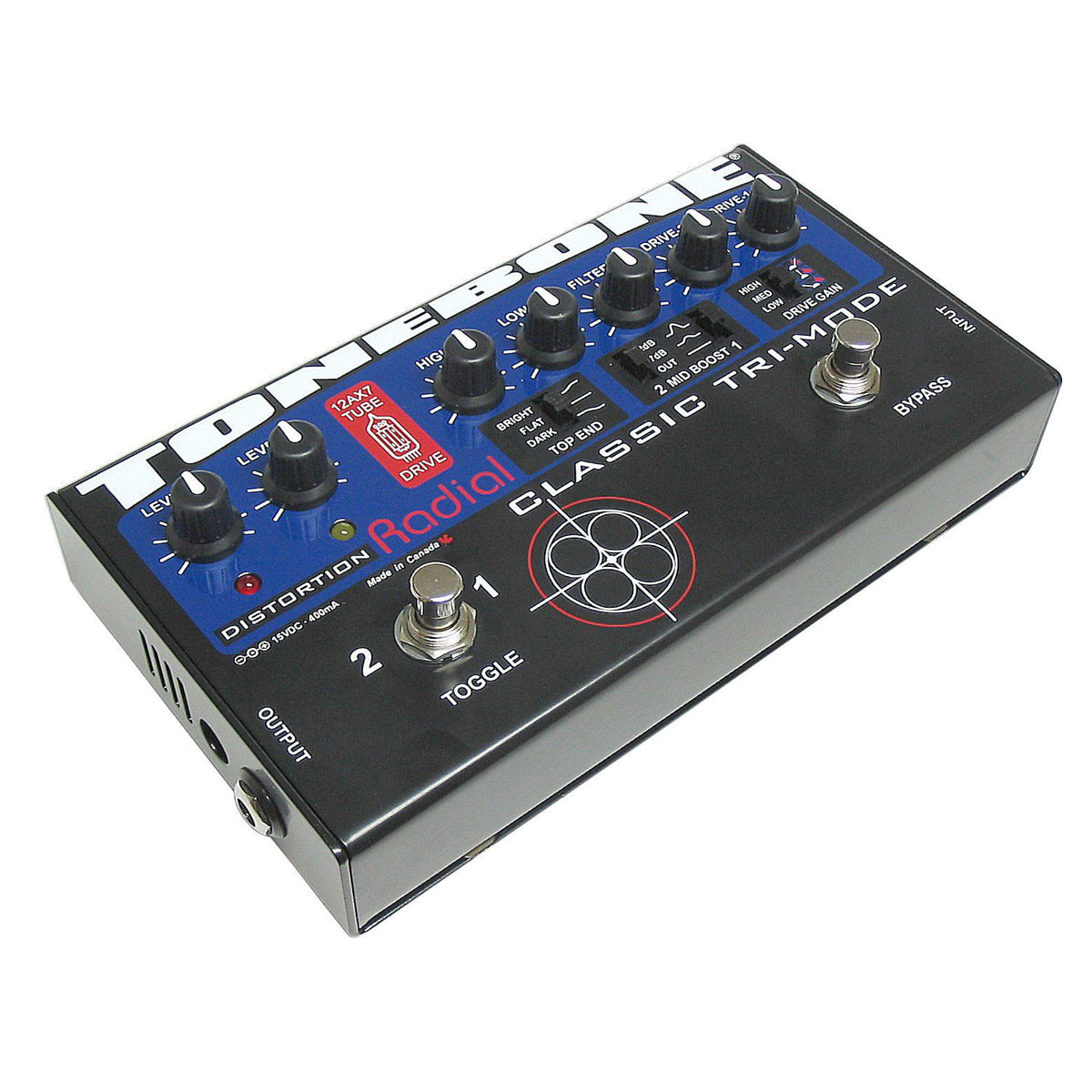 Radial Tonebone Trimode Tube distortion 12AX7 equipped clean-rhythm-lead modes. PSU included
