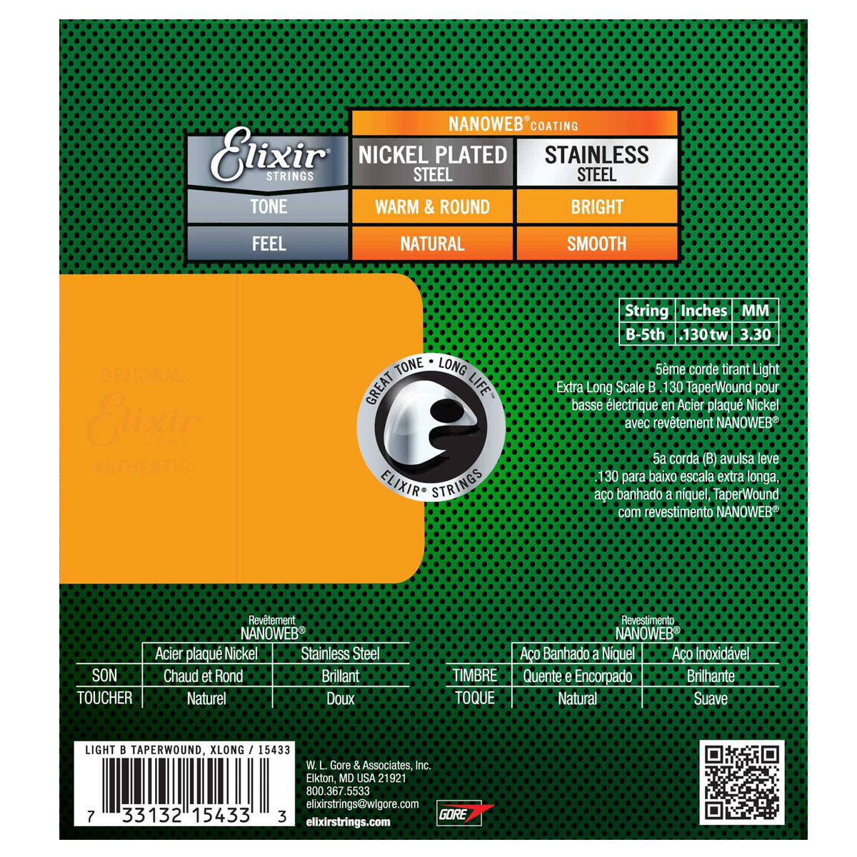 Elixir 15433 Electric Bass Strings 0.130 Single String TW Extra Long Plated Nanoweb