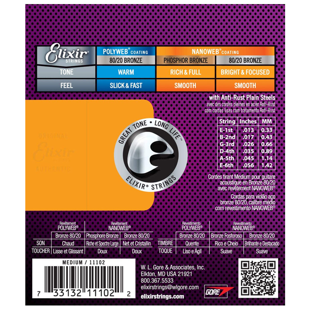 Elixir 11102 Acoustic Strings Medium 80/20 Bronze Nanoweb 0.13-0.56