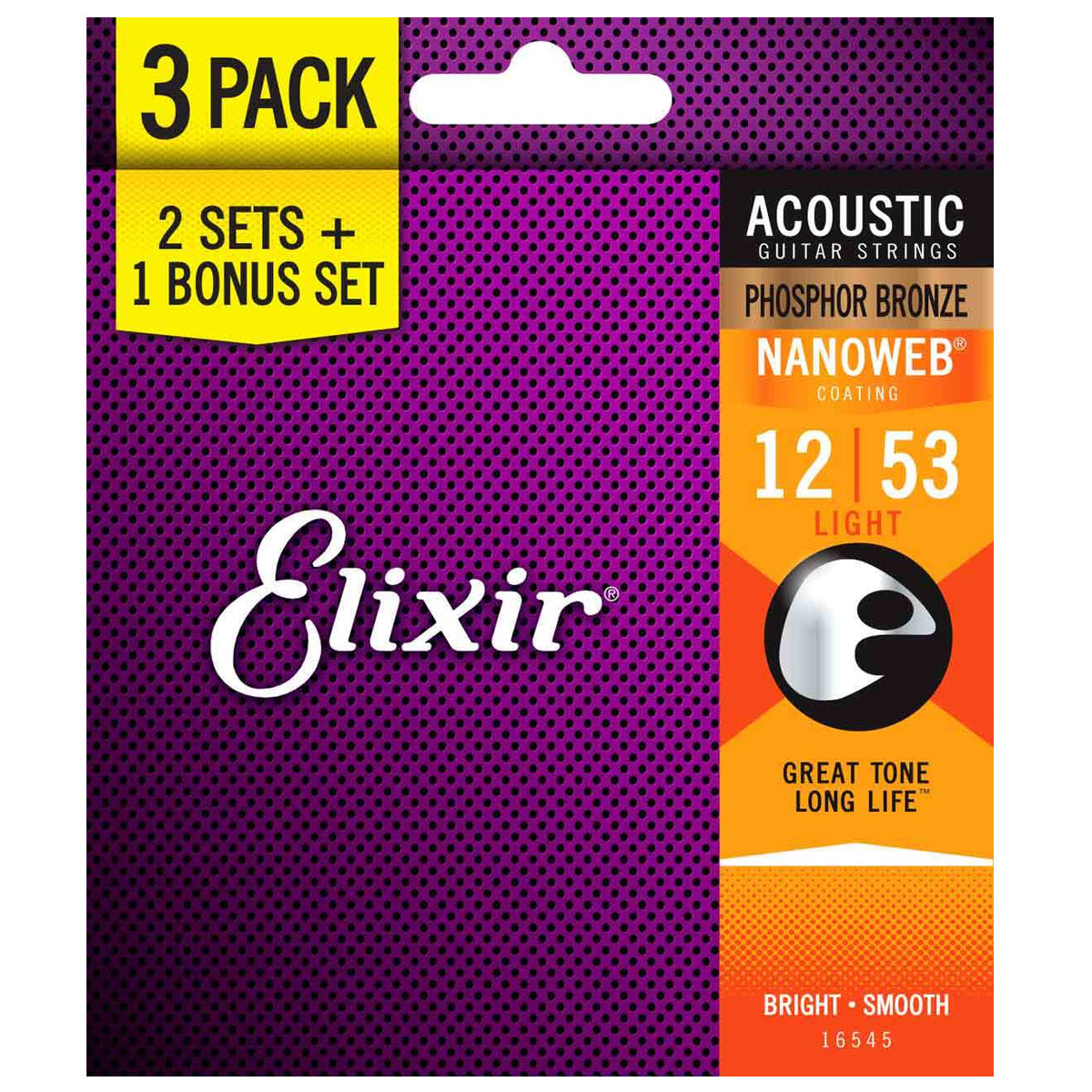 Elixir 16545 Acoustic Light Phosphor Bronze Nanoweb 0.12-0.53 3-PACK