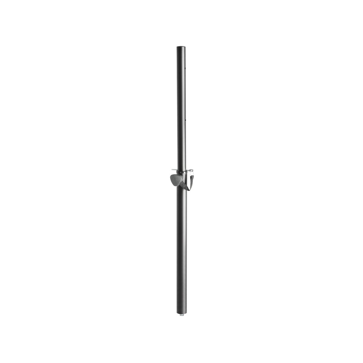 A black extendable speaker pole with an M20 thread, isolated on a white background.