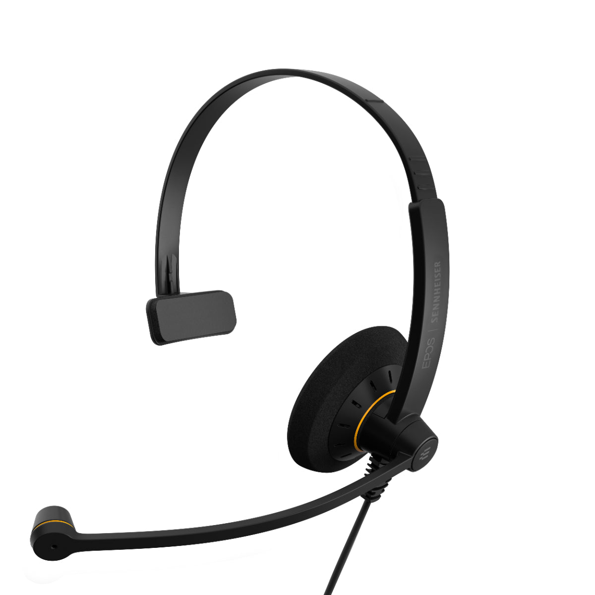 A monaural office headset in black color with a USB cable and an inline microphone.