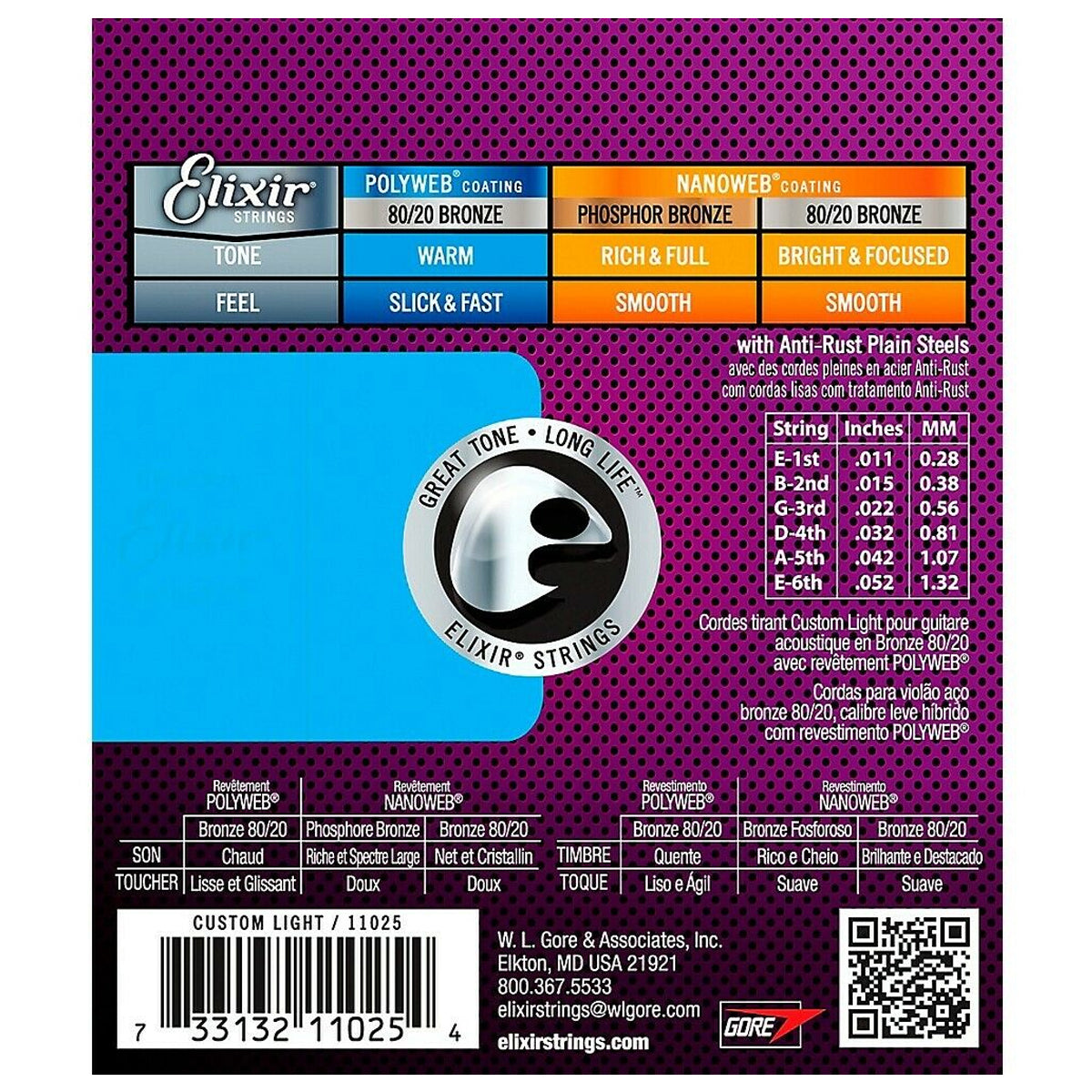 Elixir 11025 POLYWEB Coating 80/20 Bronze Acoustic Guitar Strings Custom Light (.011-.052)