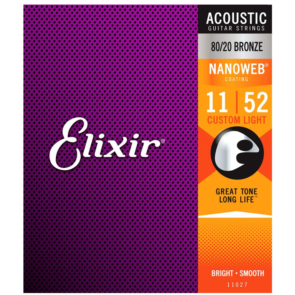 Elixir 11027 Nanoweb Coating 80/20 Bronze Acoustic Guitar Strings Custom Light (0.11-0.52)