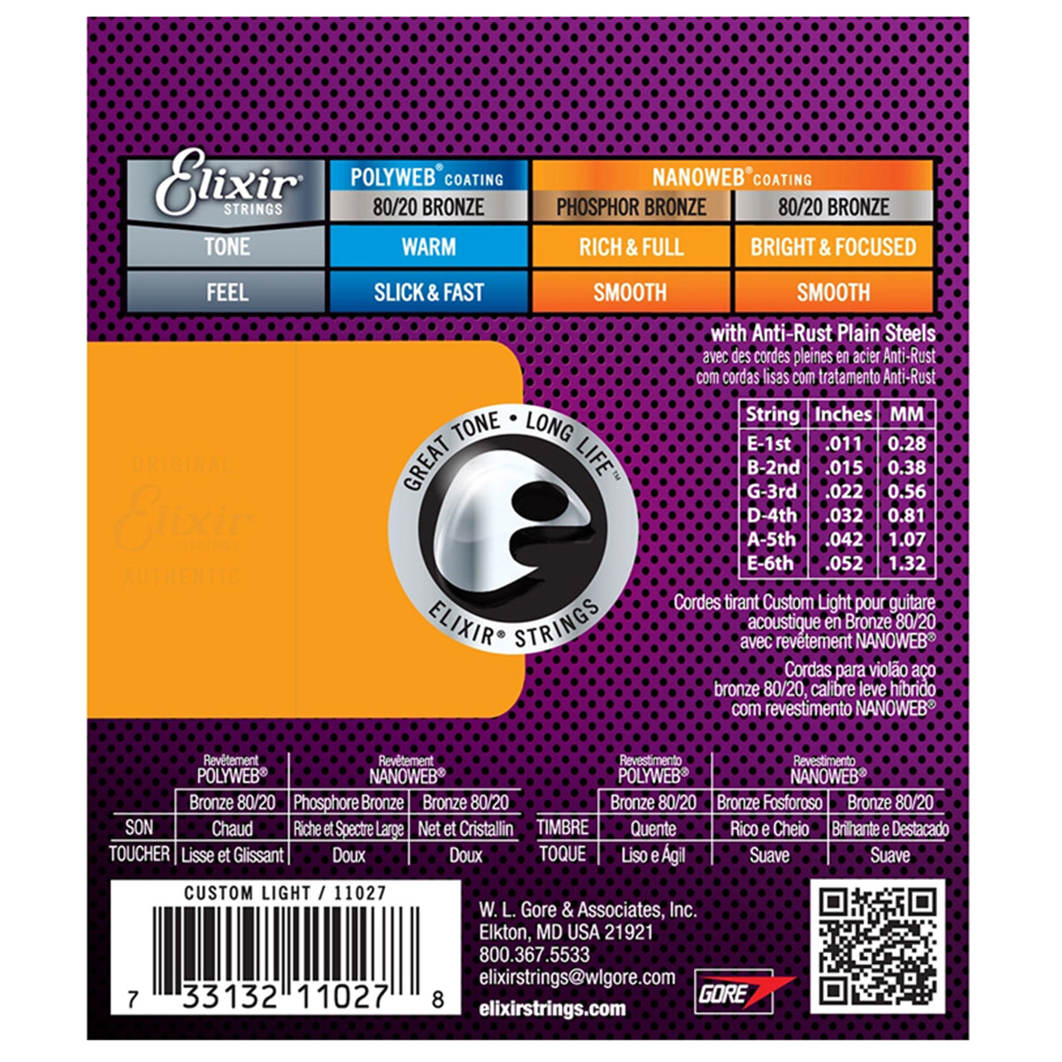 Elixir 11027 Nanoweb Coating 80/20 Bronze Acoustic Guitar Strings Custom Light (0.11-0.52)