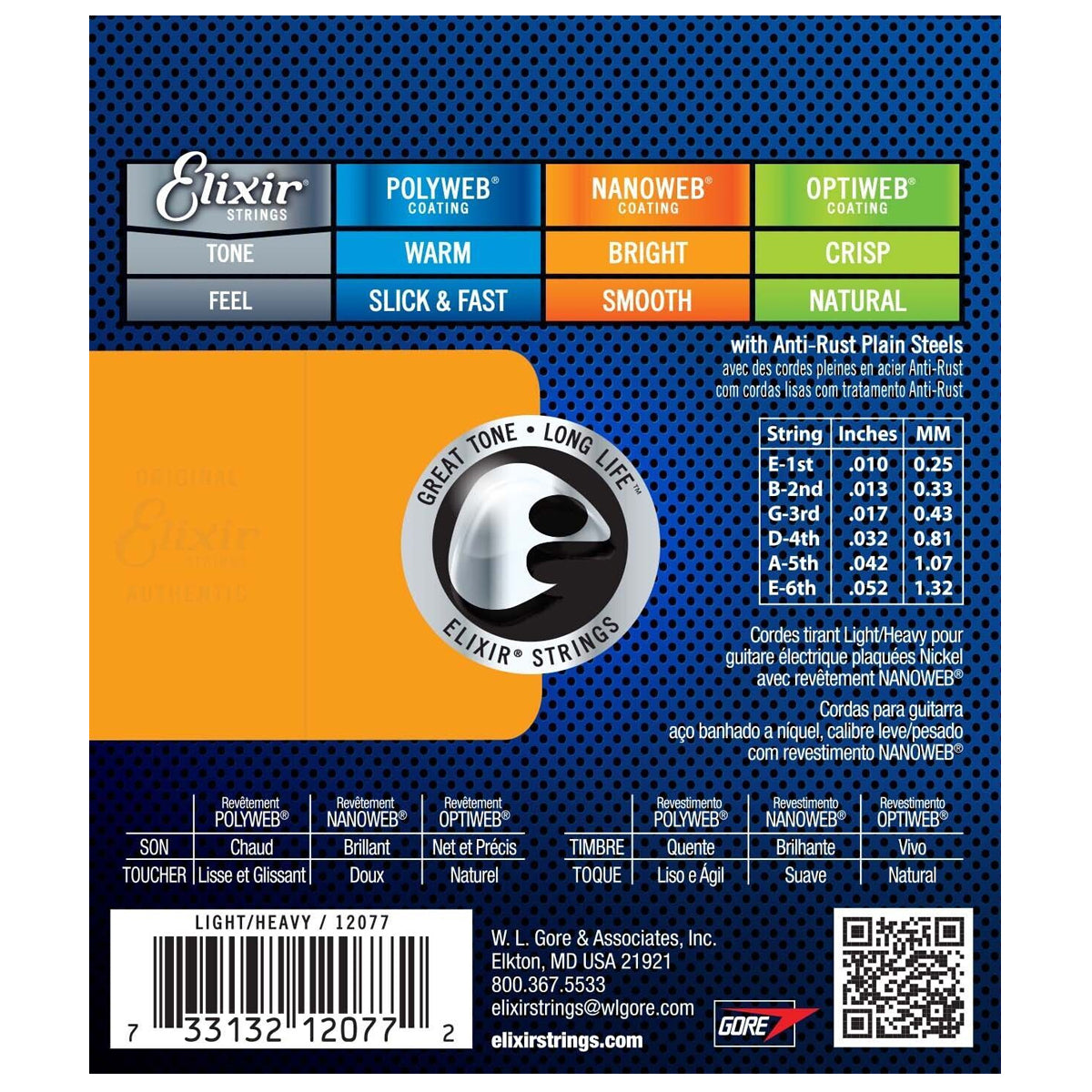 Elixir 12077 Nanoweb Coating Nickel Plated Steel Electric Guitar Strings Light Heavy 0.10-0.52