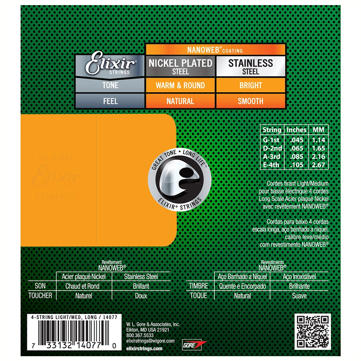 Elixir 14077 Nanoweb Coating Nickel Plated Steel 4-String Bass Guitar Strings Light/Medium Long Scale (0.45-1.05)