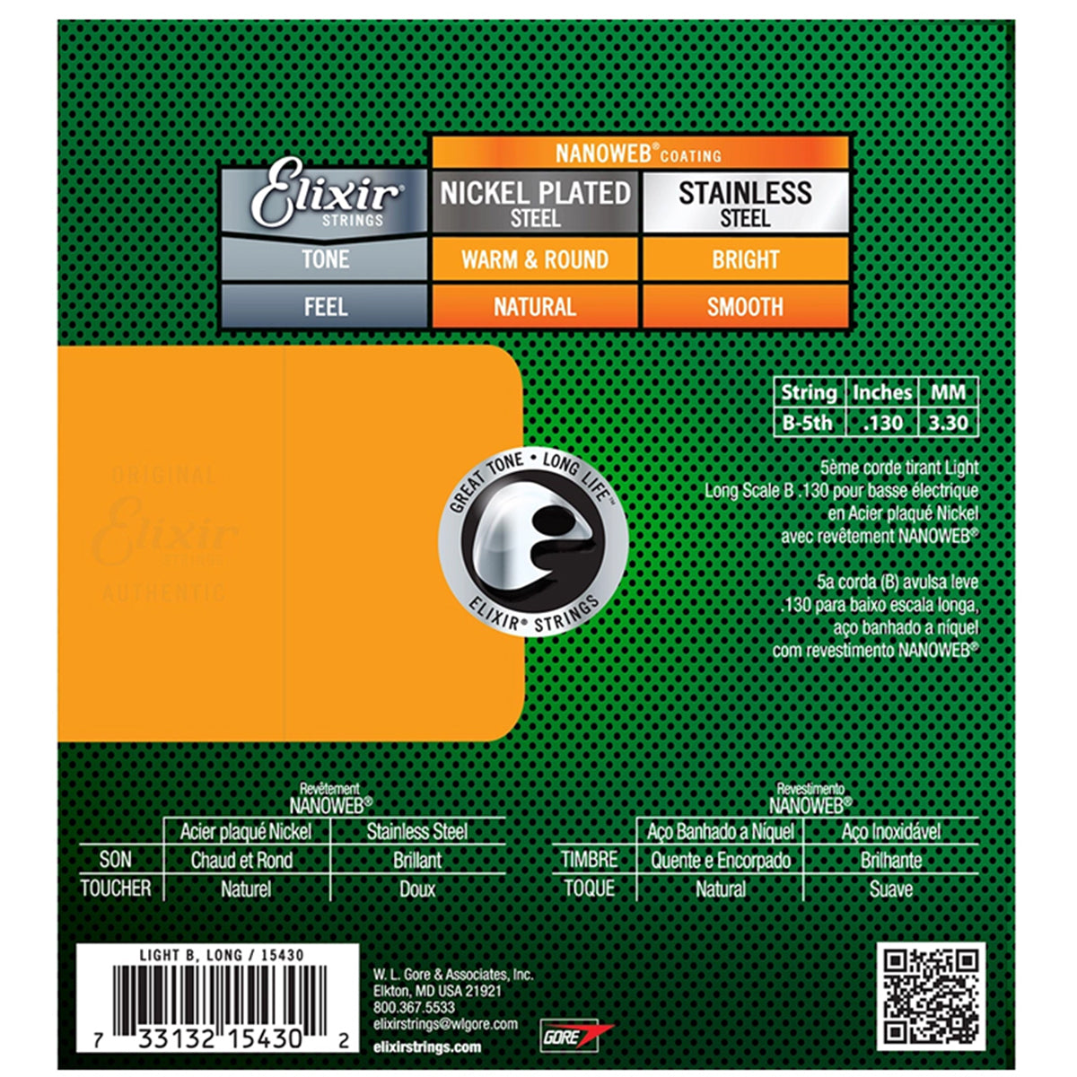 Elixir 15430 Nanoweb Coating Nickel Plated Steel Electric Bass Guitar Single String Long Scale (0.130)