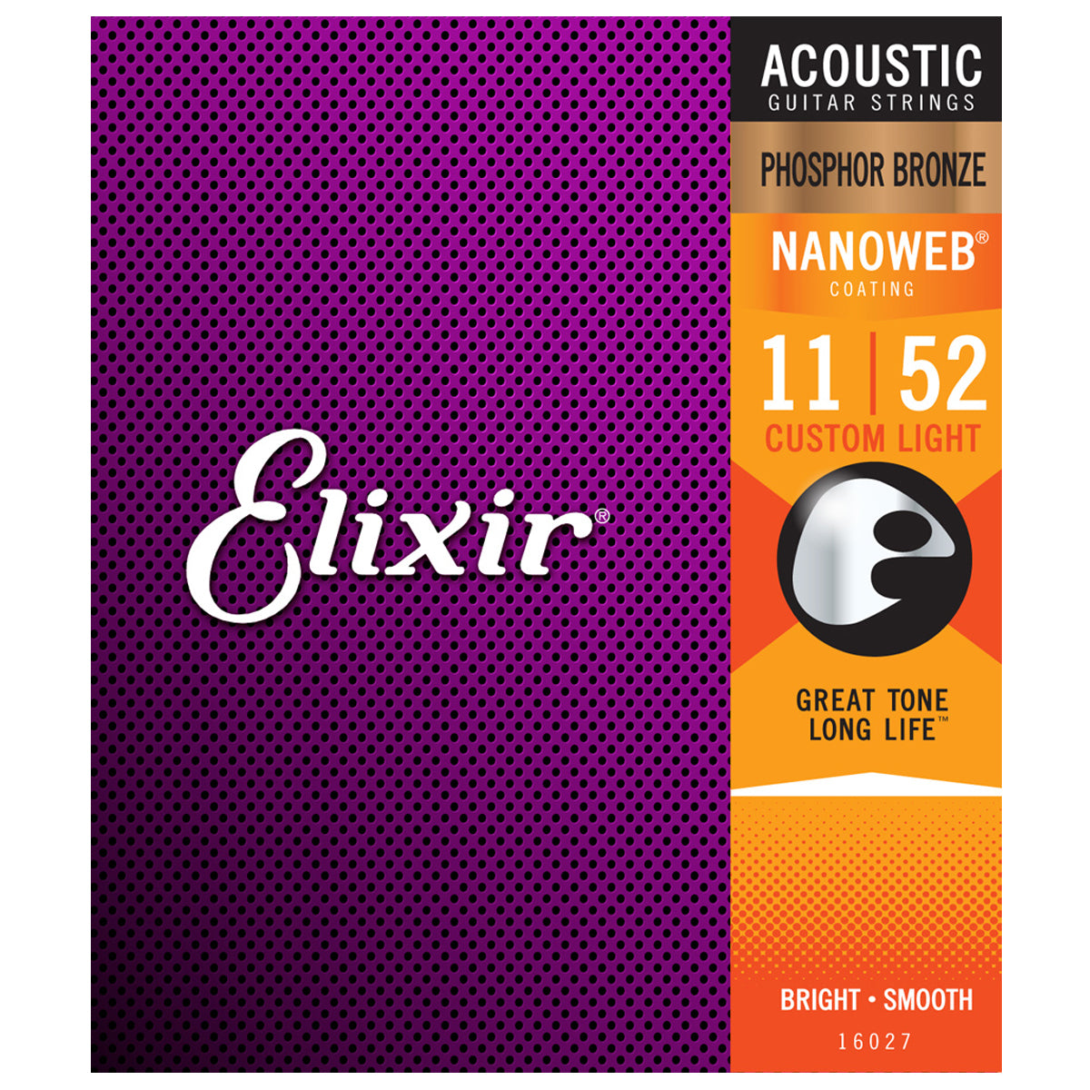 Elixir 16027 Nanoweb Coating Phosphor Bronze Acoustic Guitar Strings Custom Light (0.11-0.52)