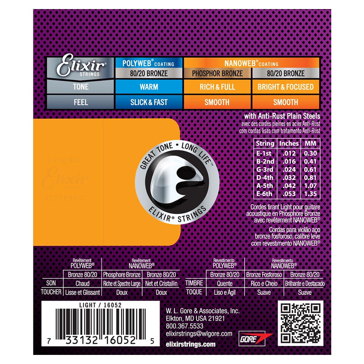 Elixir 16052 Nanoweb Phosphor Bronze Acoustic Guitar Strings Light 0.12-0.53