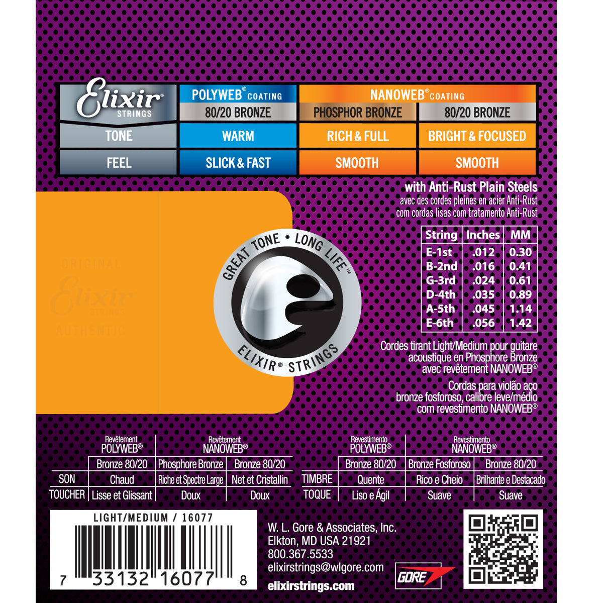 Elixir 16077 Nanoweb Coating Phosphor Bronze Acoustic Guitar Strings Light Medium (0.12-0.56)