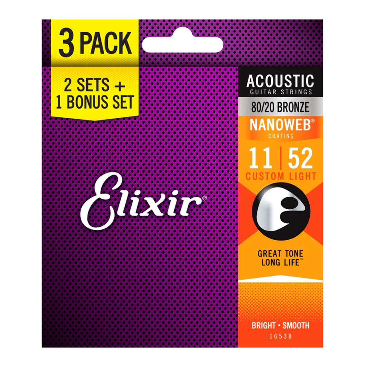 Elixir 16538 Nanoweb Coating 80/20 Bronze Acoustic Guitar Strings Custom Light 0.11-0.52 3-PACK