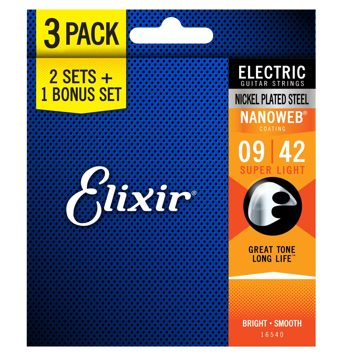 Elixir 16540 Nanoweb Nickel Plated Steel Electric Guitar Strings Super Light 0.09-0.42 - 3-PACK