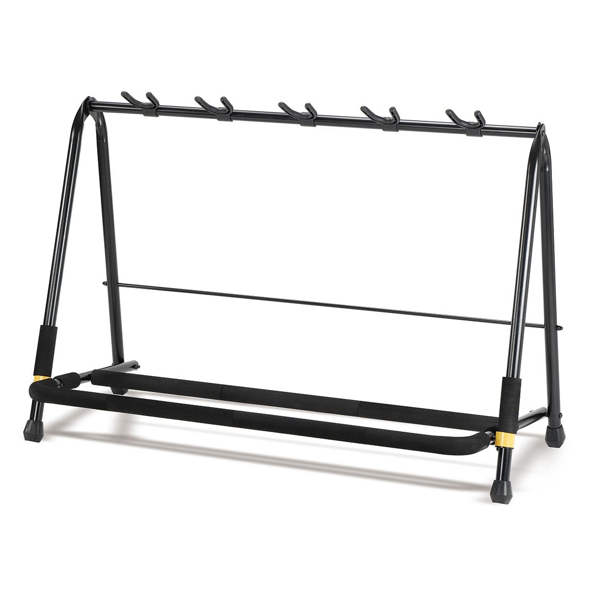 Black Hercules GS525B guitar display rack with foam padding, designed for 5 guitars, featuring a one-piece design with multiple yokes and pick slots.