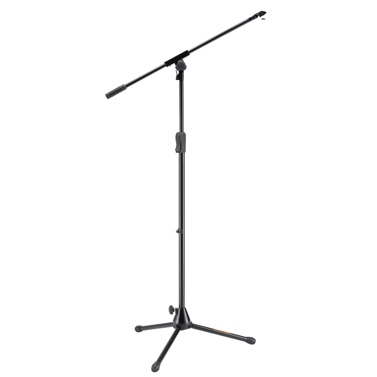 A black Hercules tripod microphone stand with a hideaway boom arm and EZ mic clip.