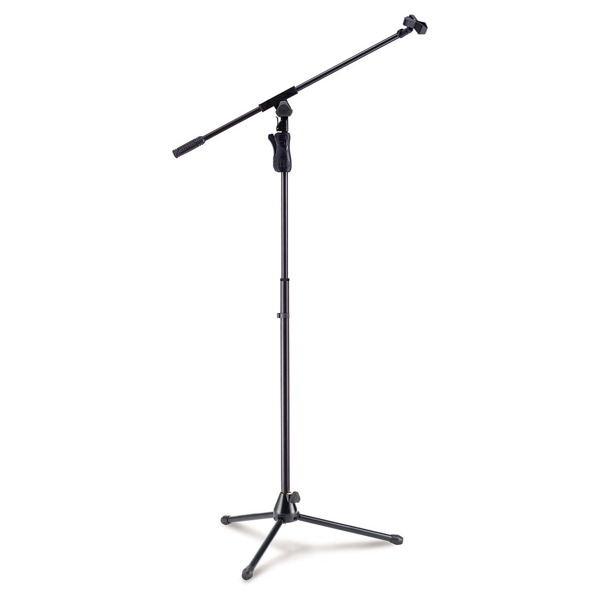 A black Hercules MS631B tripod base boom microphone stand with an adjustable height and a quick-n-ez boom flip clip.