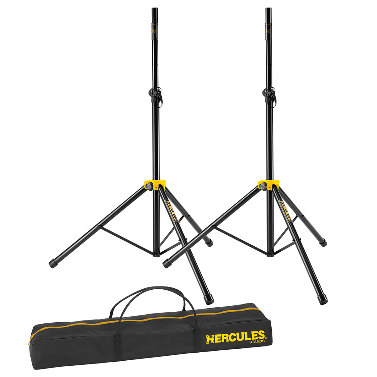 A pair of Hercules SS200BB speaker stands with tripod base, in black and yellow color, accompanied by a carrying bag.