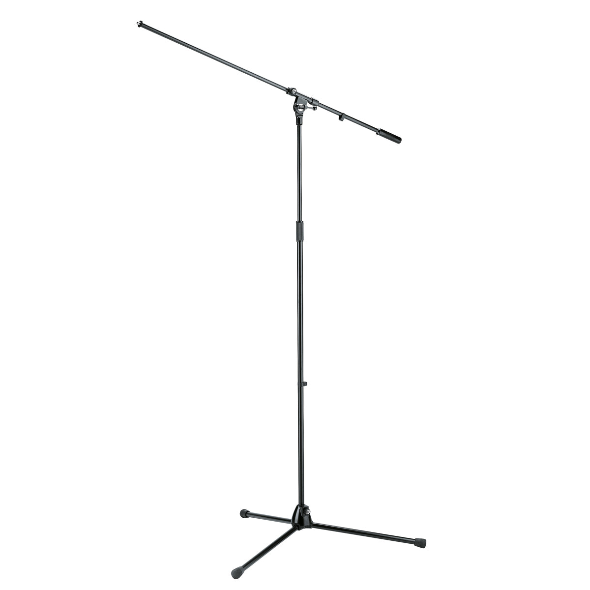 An overhead microphone stand with a black finish, featuring a folding design with long legs, a boom arm, and a clutch for height adjustment.