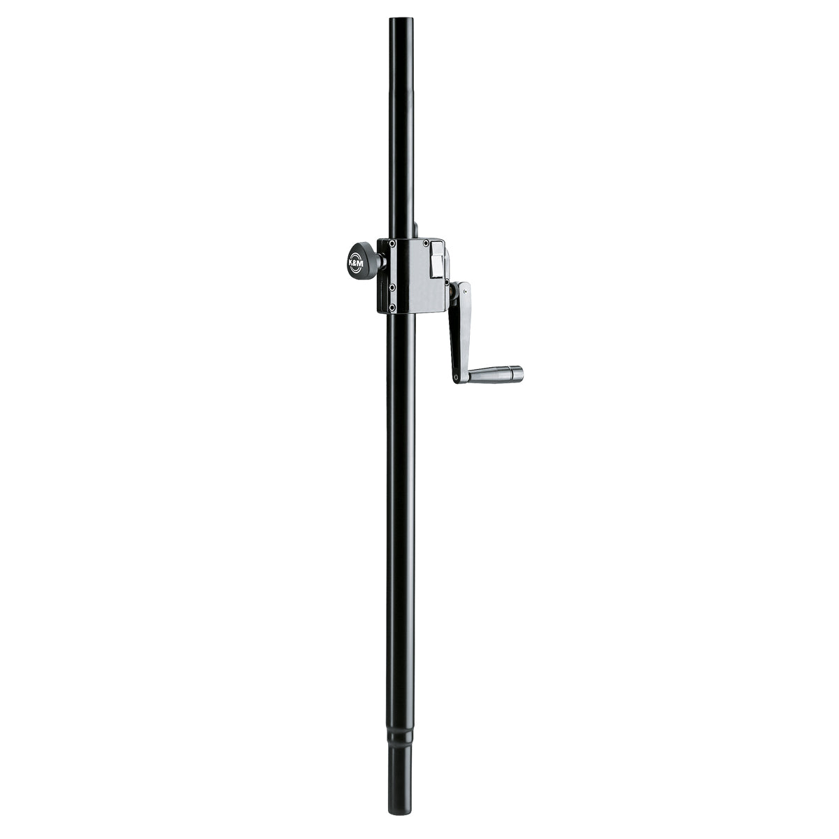 A black distance rod with a crank handle, made of solid steel, designed for connecting satellite systems and featuring a hand crank with push-button system and locking screw for safety.