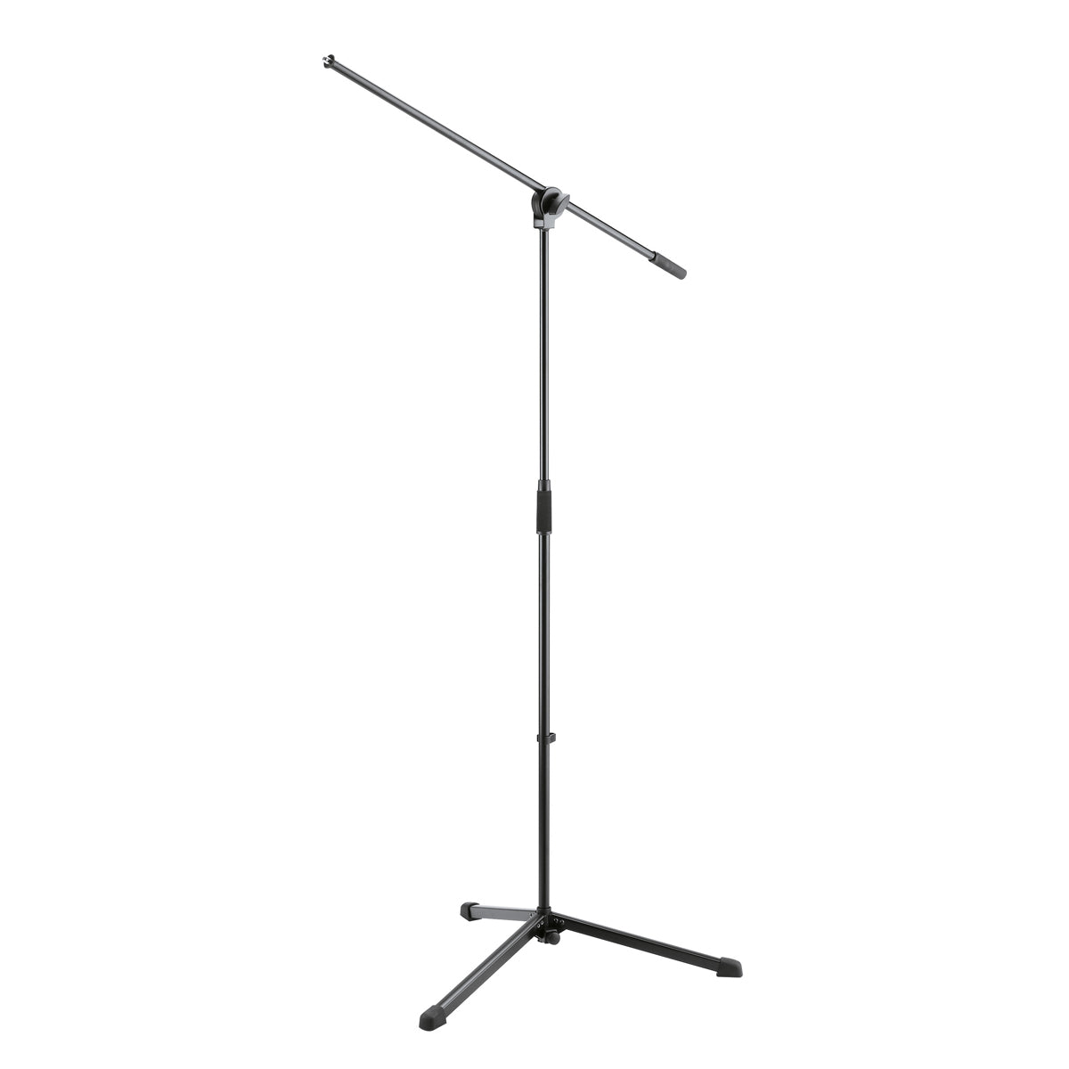 A black microphone stand with a folding design, a swivel joint, and three-legged base.