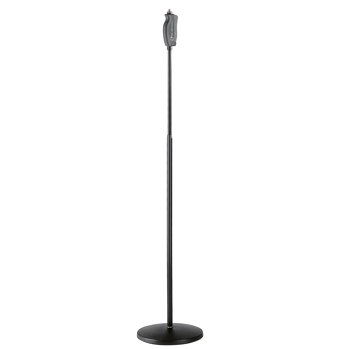 A black one hand microphone stand with a flat round cast-iron base and a quick squeeze height adjustment mechanism.