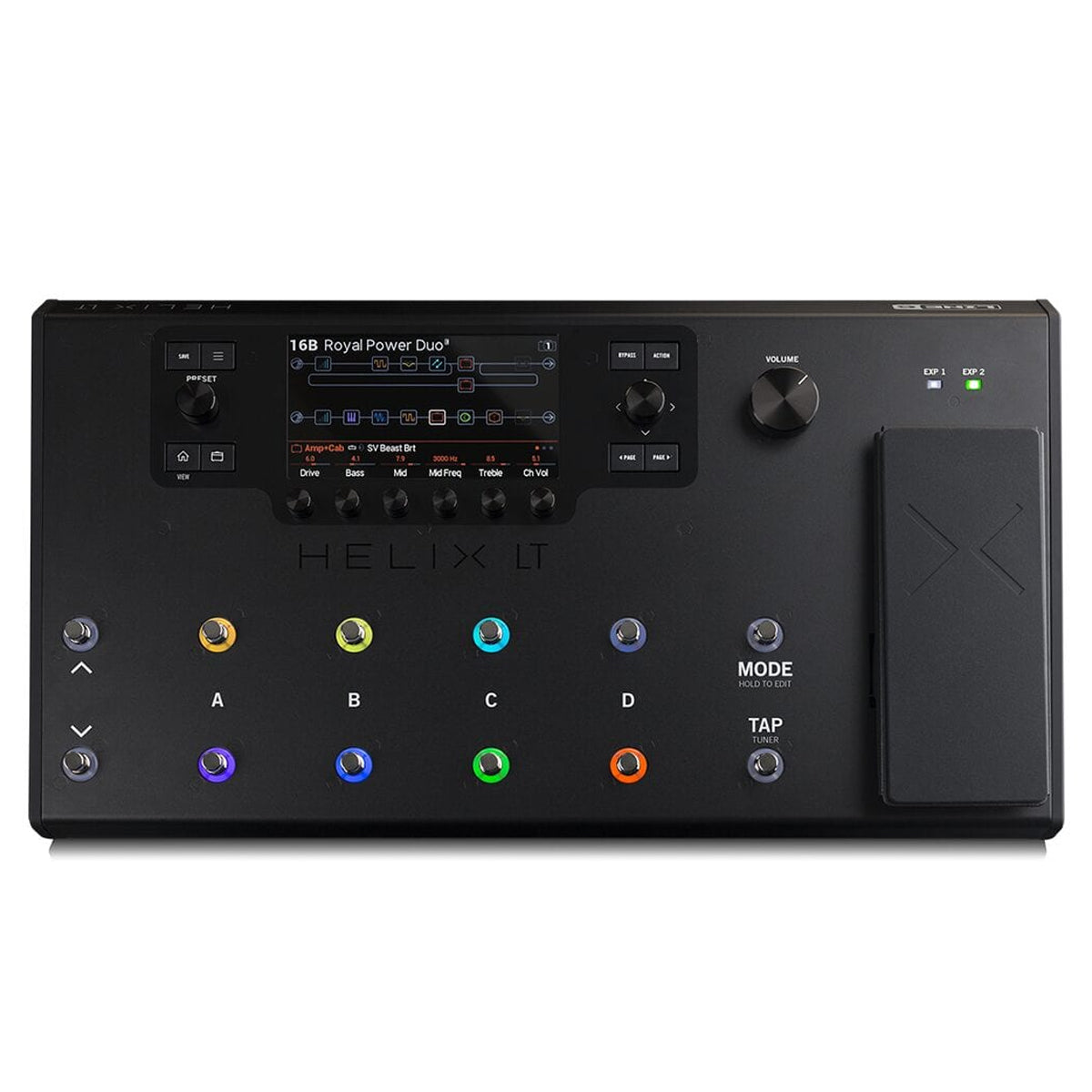The image shows the Line 6 Helix LT Guitar Multi-effects Processor, featuring a large color LCD screen, multiple footswitches, and knobs for audio control.