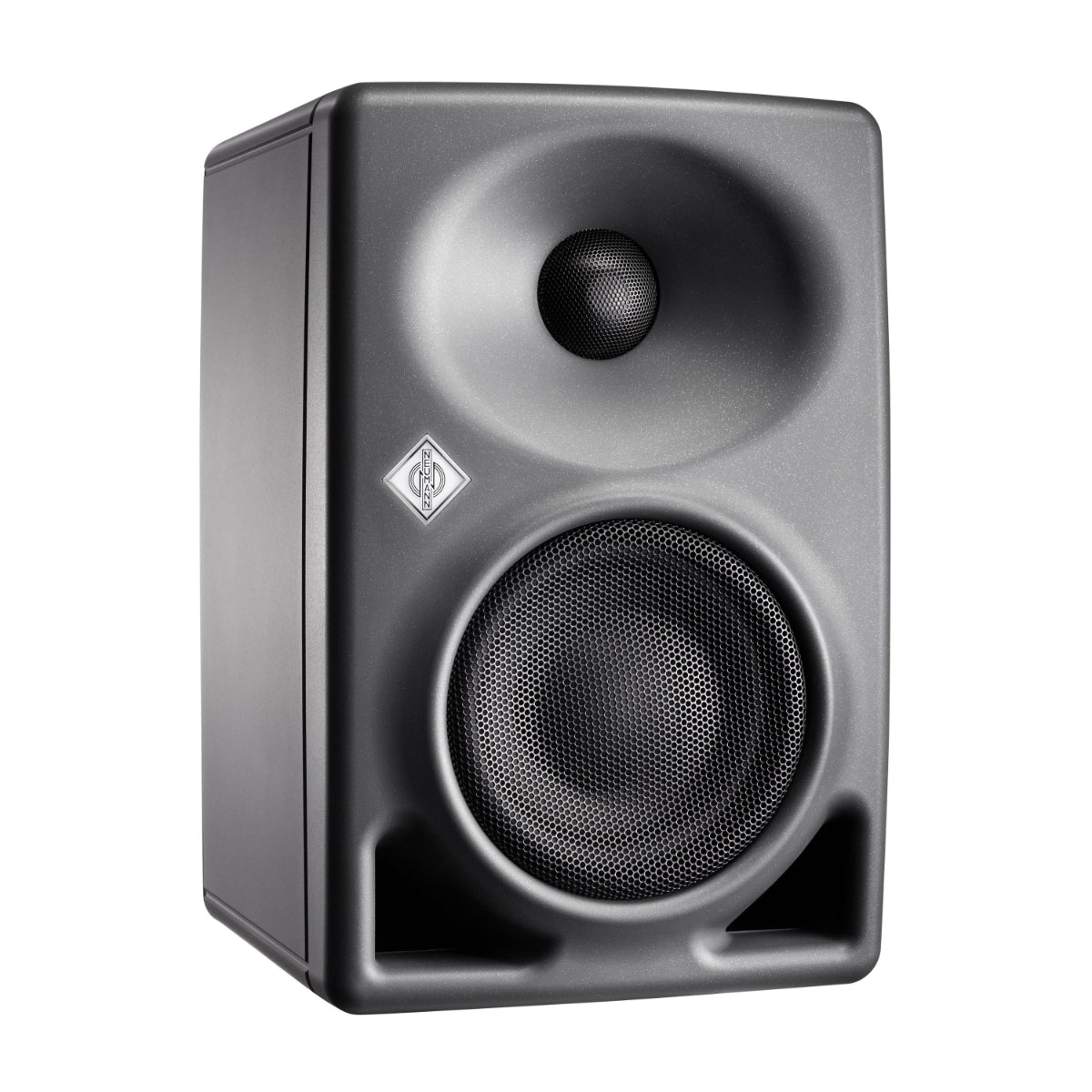 A black Neumann KH 80 DSP active studio monitor with a visible logo and control knobs.