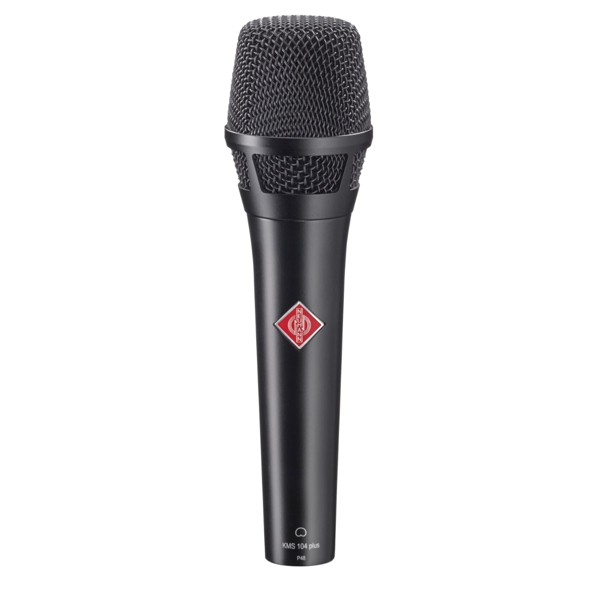 Neumann KMS 104 PLUS BK Vocalist Microphone, a handheld condenser microphone with a black body and the Neumann logo on the front.