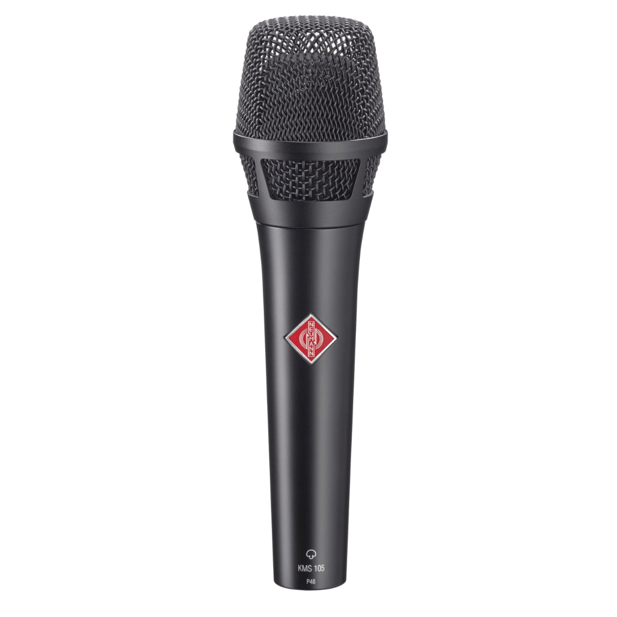A black Neumann KMS 105 BK vocalist microphone, featuring a super cardioid pattern and a pop filter in the center.