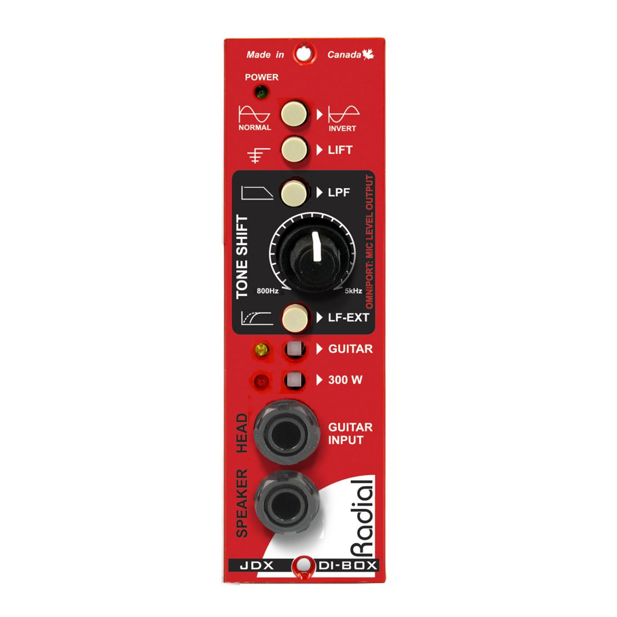 A red Radial JDX-500 guitar amp and cabinet simulator with knobs and switches for tone, level, and gain, along with input and output connections.