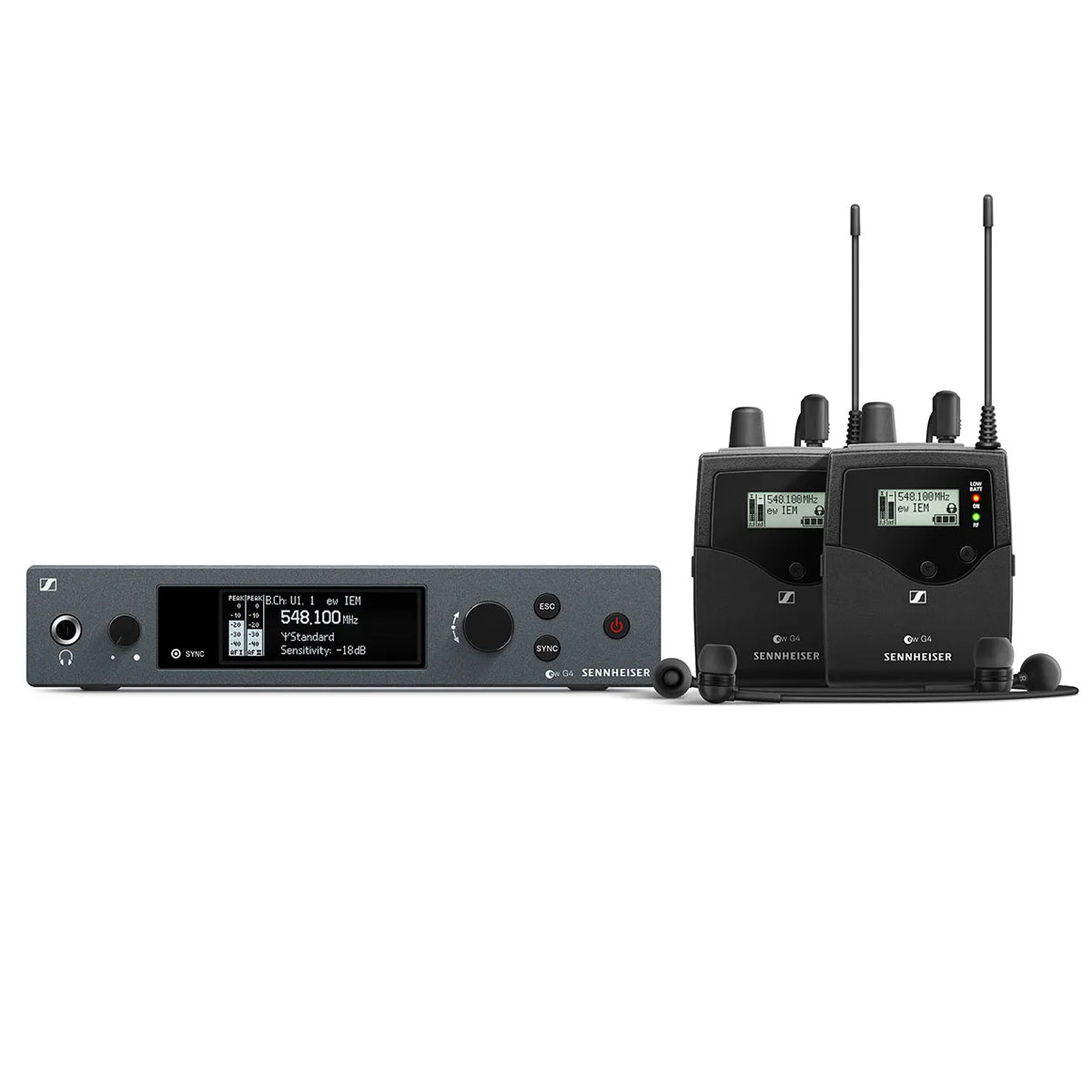 Sennheiser EW IEM G4-TWIN-C Evolution Wireless In-Ear Monitor Set, including a half-rack stereo transmitter and two stereo bodypack receivers with antennas, displayed on a white background.