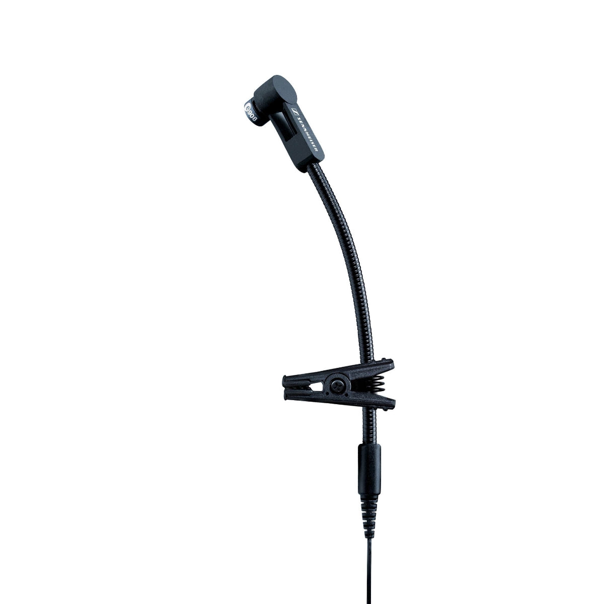 A black Sennheiser E 908 B-EW condenser gooseneck instrument microphone, featuring a shock-mounted head and a gooseneck for positioning.