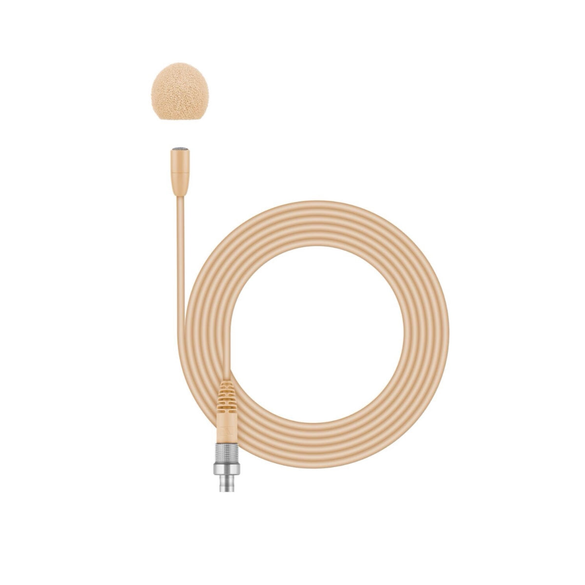 A beige Sennheiser MKE Essential Omni-directional lavalier microphone with a 3-pin connector and a tapered cable.