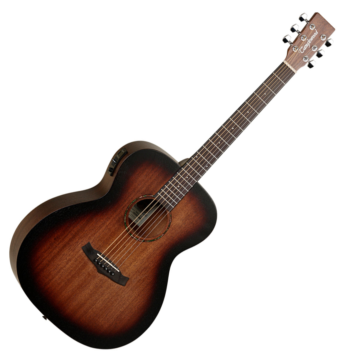 A Tanglewood Crossroads Super Folk guitar in Vintage Burst finish, with a mahogany body and built-in tuner.