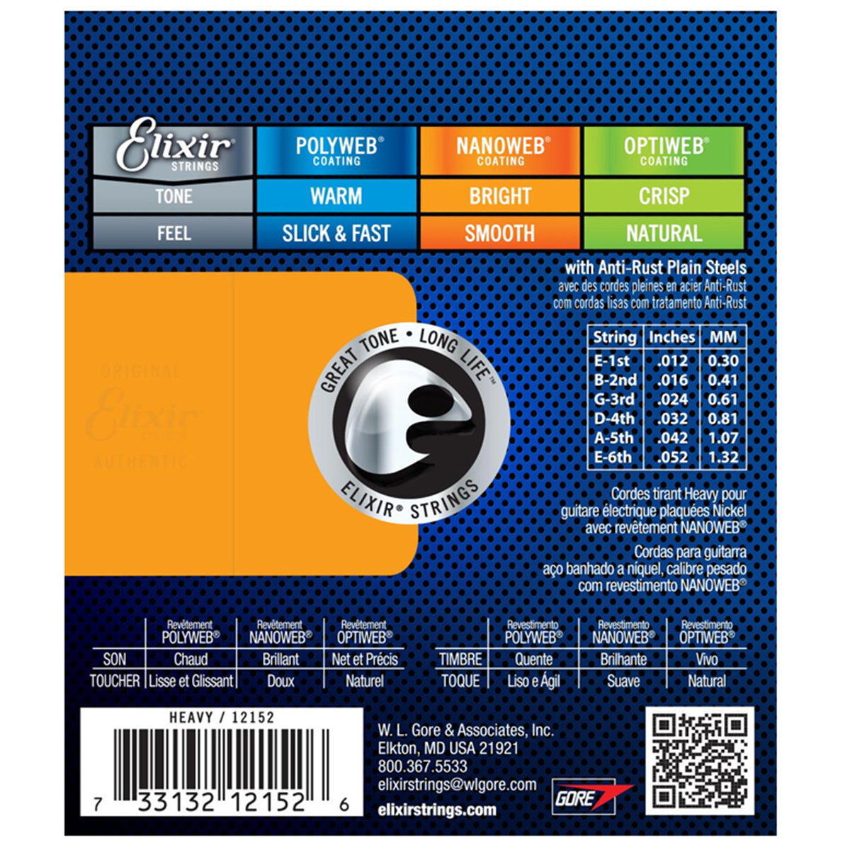 Elixir 12152 Electric Strings Heavy Nickel Plated Steel Nanoweb 0.12-0.52