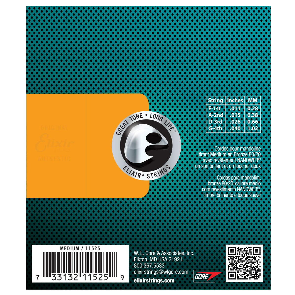Elixir 11525 Nanoweb Coating 80/20 Bronze Mandolin Strings Medium (0.11-0.40)