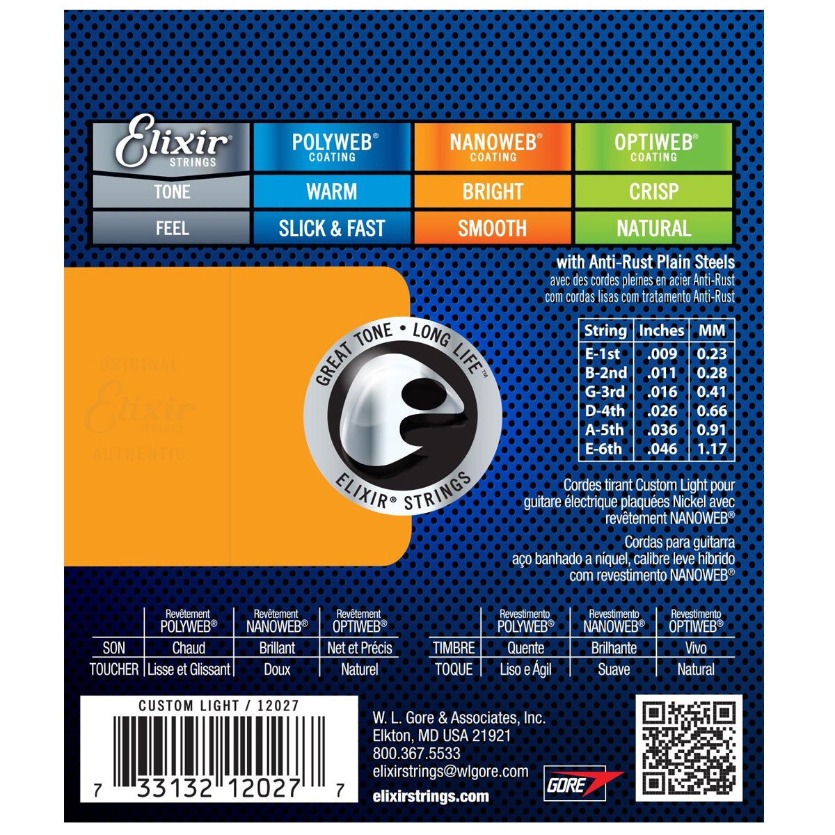 Elixir 12027 Electric Custom Light Nickel Plated Steel Nanoweb 0.09-0.46