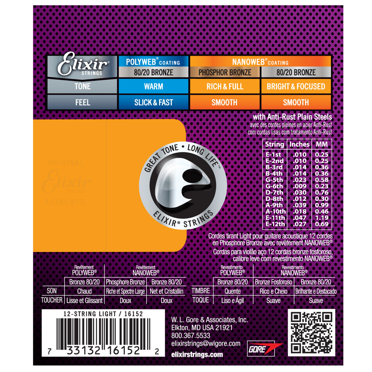 Elixir 16152 Acoustic Phosphor Nanoweb 12-string Gauge Light 0.10-0.47