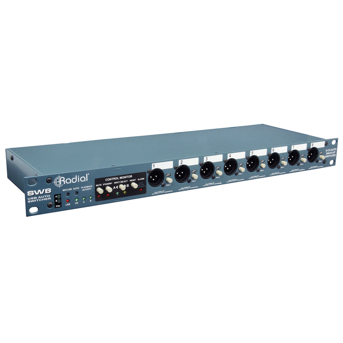 Radial SW8 8 channel backing track switcher with isolated DI outputs D-Subs & 1/4in