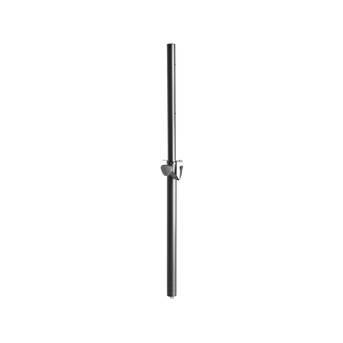 A black extendable speaker pole with an M20 thread, isolated on a white background.