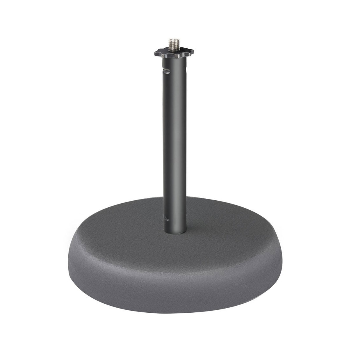 A black tabletop microphone stand with a round base and a vertical tubing in the center.
