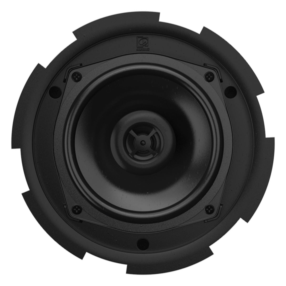 Black round speaker on a white background